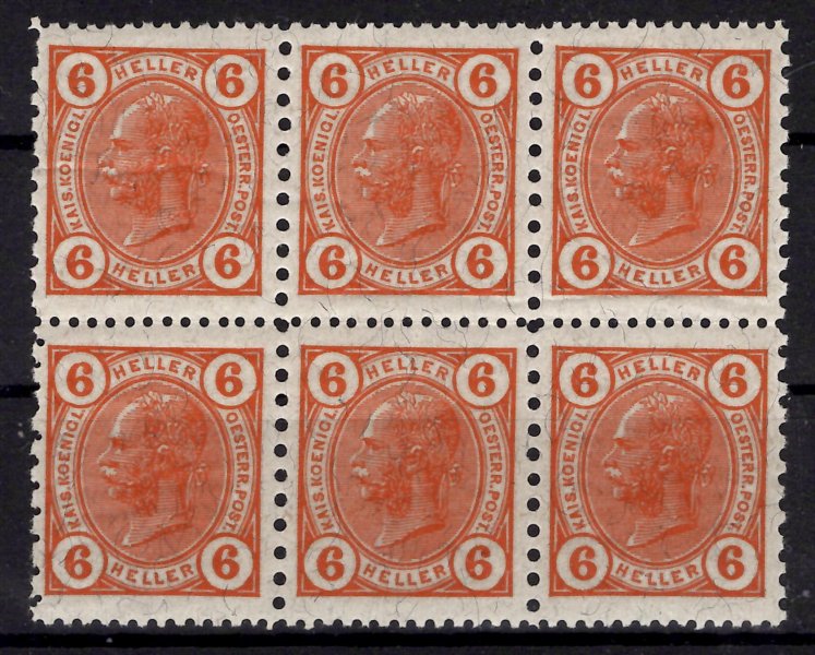 Vydání 1905 - 123, 6 heller oranžová v 6-ti bloku s Friedlovým zoubkováním 12 1/2 : 9 1/4, v blocích řídký výskyt, kat. cena 360 EUR 