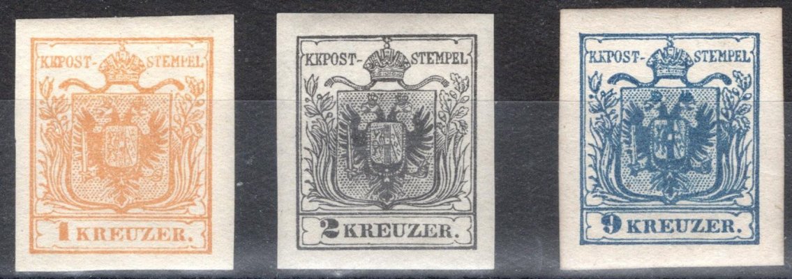 1 ND, 2 ND, 5 ND; 1 Kr žlutooranžová, 2 Kr černá a  9 Kr modrá, vše novotisky první série z roku 1884, katalog Michel 295 EUR 