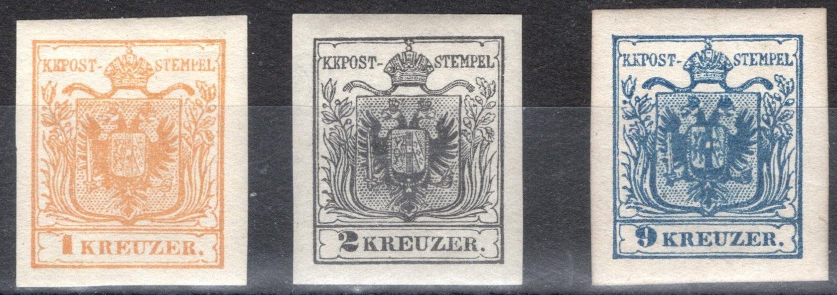 1 ND, 2 ND, 5 ND; 1 Kr žlutooranžová, 2 Kr černá a  9 Kr modrá, vše novotisky první série z roku 1884, katalog Michel 295 EUR 