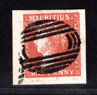 Mauritius 1859, SG.42, Dardenne 1P rumělková, na pruhovaném papíru, krajová, zkoušeno G. Fulpius, 1500 GBP, krásný kus! 