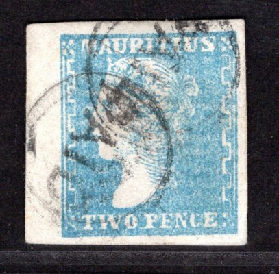 Mauritius 1859, SG.44, Dardenne 2P světle modrá, na pruhovaném papíru, krajová s raz. PAID, 950 GBP, krásný kus 