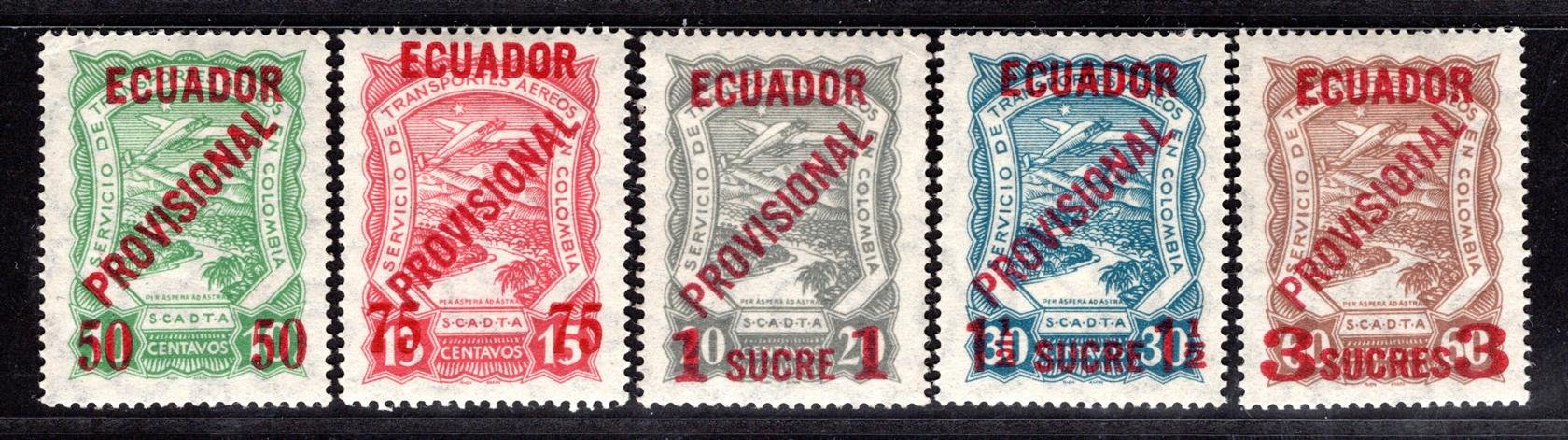 Ekvádor – kompletní LETECKÁ  série SCADTA / ECUADOR PROVISIONAL; Mi. 1I-5II, 50C-3S; velmi vzácné,  865 EUR  