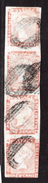Mauritius 1848 , SG.16 , 4-páska 1P WORN "red", známková pole 3,6,9,12;, u jedné známky zastřiženo,   jako jednotlivé 3800 EUR, jako 4-páska  dle majitele! 8000 euro cca