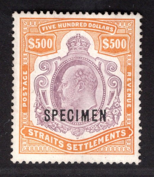 Straits Settlements 1906 SG.169a, Edvard VII. 500 dolarů SPECIMEN;  5.000 GBP vzácný"vysoký nominál" , vhodné jako investice! 