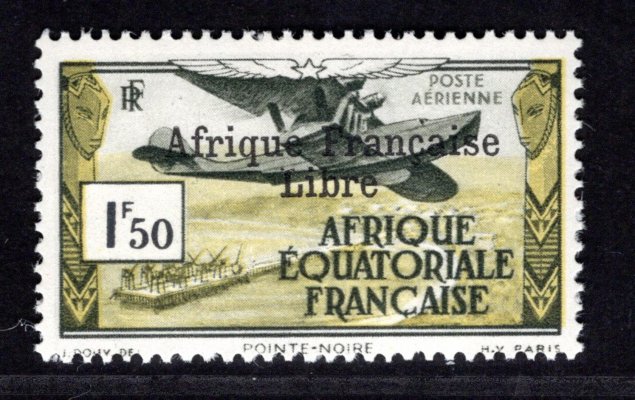 Rovníková Afrika , Yvert 14, Letecká 1,50Fr AFRIQUE FRANCAISE LIBRE,  440 EUR atest Gautré 