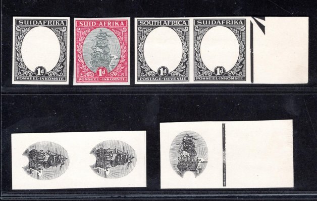 J. Afrika 1926; SG.31 proofs 1P "Fregata Dromedaris" 7ks , fázové tisky a definitivní tisk a barvy, na kartonovém papíru, ex. De La Rue 