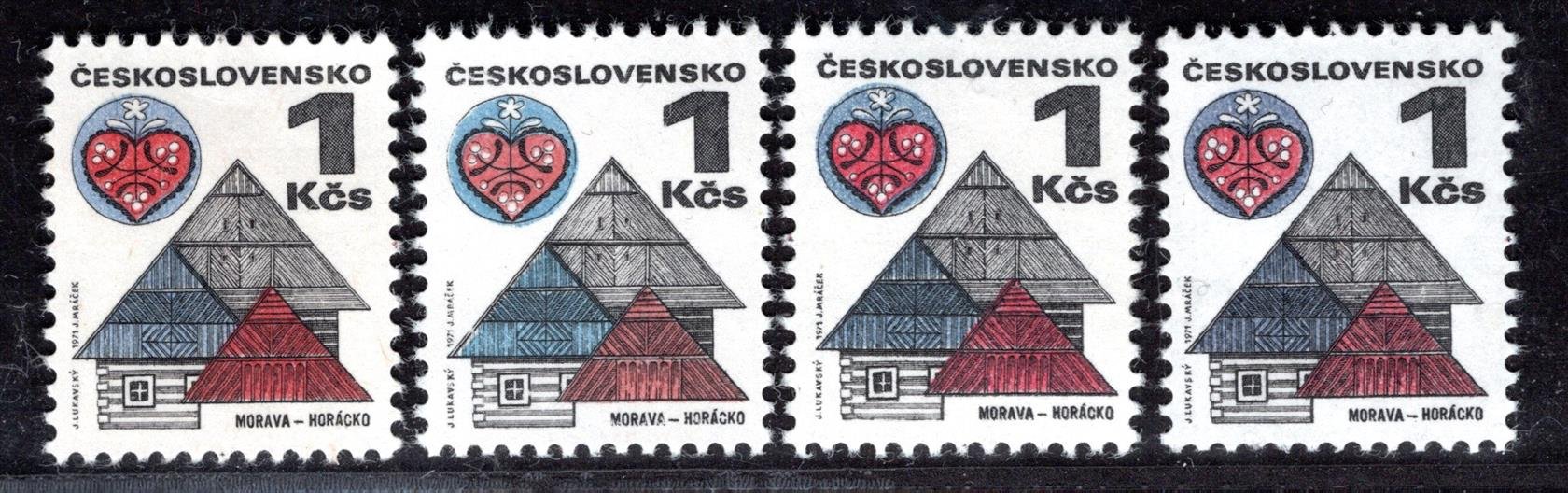 1875 Lidová architektura 1 Kčs, kompletní sestava známek na odlišných papírech: bp, oz, fl1, fl2 a fl2 s výrazným výmětem oz