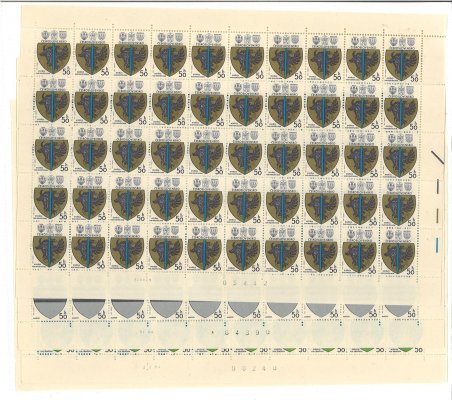2423-26 Znaky měst, série kompletních 50kusových archů (Rožmitál B 2. I. 80; Kunštát B 9. I. 80; Bystřice nad Pernštejnem A 12. XII. 79; Zlatá Idka B 11. X. 79), hledané