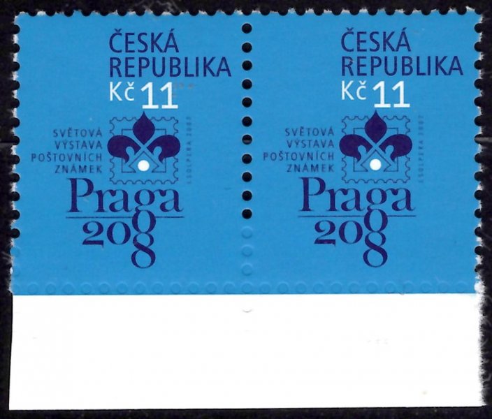 514 VV, Praga 2008, krajová dvoupáska s tzv. slepou perforací na dolním okraji, modrá 11 Kč



