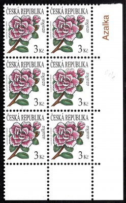 554 VV, Azalka, rohový 6-tii blok, VV 90/1 - nedotisk obrysu lístků, tisk ze dne 5/II/2008


