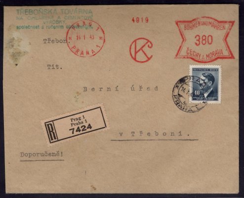 R obálka vyplacená FRANKOTYPEM 380 h, Praha 1, 14/1/43 a známkou A.H. 10 h, do Třeboně