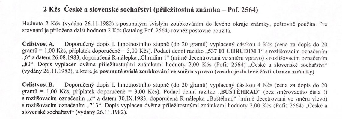 Celistvost – Doporučené dopisy vyplacené známkou hodnoty 2 Kčs (Pof. 2564 – České a slovenské sochařství), razítka " 537 01 CHRUDIM 1" a "BUŠTĚHRAD" – viz popis na skenu