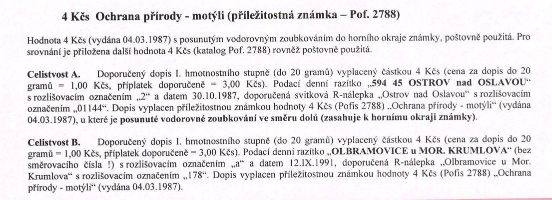 Celistvost – Doporučené dopisy vyplacené známkou hodnoty 4 Kčs (Pof. 2788 - Ochrana přírody - Motýli), razítka " 594 45 OSTROV nad OSLAVOU" a "OLBRAMOVICE u MOR. KRUMLOVA" – viz popis na skenu