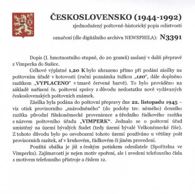 Celistvost -  Dopis zaslaný z Vimperka do Sušice, razítko "VIMPERK" 22.11.45  - viz popis na skenu