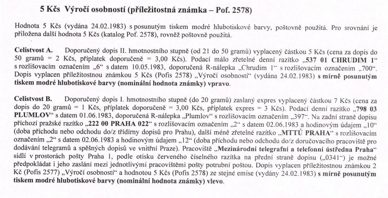 Celistvost – Doporučené dopisy vyplacené známkou hodnoty 5 Kčs (Pof. 2578 ), razítko "537 01 CHRUDIM 1" a "MTTÚ PRAHA" – viz popis na skenu