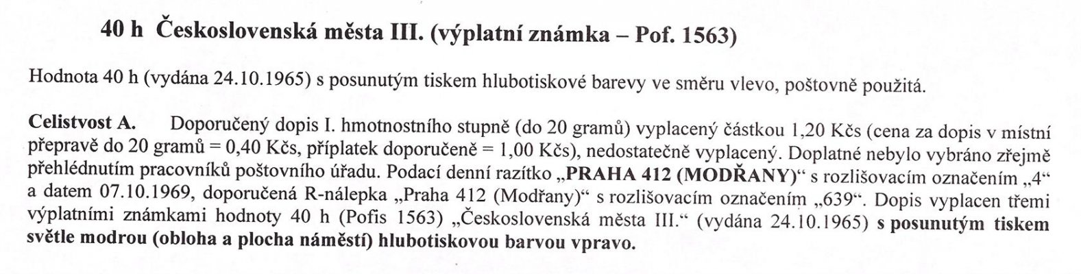 Celistvost – Doporučený dopis vyplacený známkou hodnoty 40 h (Pof. 1563), razítko  "PRAHA 412 (MODŘANY)" – viz popis na skenu 