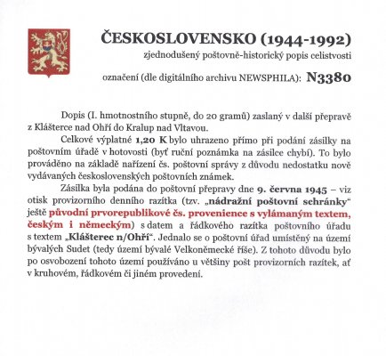 Celistvost – Dopis zaslaný v další přepravě z Klášterce nad Ohři do Kralup nad Vltavou  – viz popis na skenu