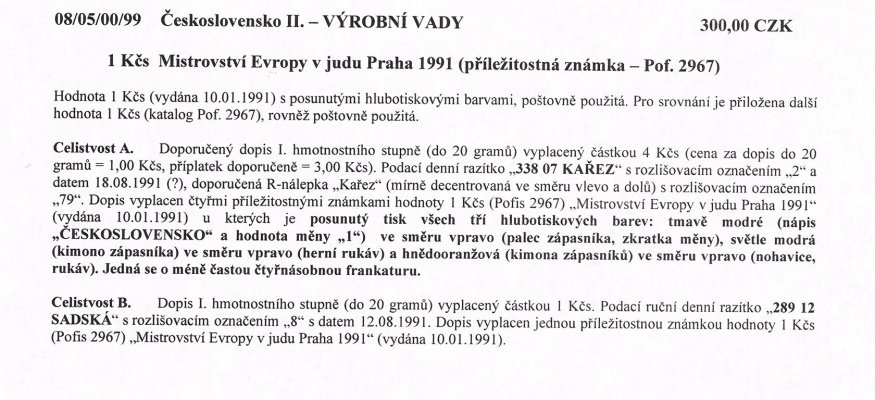 Celistvost – Doporučené dopisy vyplacené známkou hodnoty 1 Kčs (Pof. 2967 ), razítko "338 07 KAŘEZ" a "289 12 SADSKÁ"  – viz popis na skenu