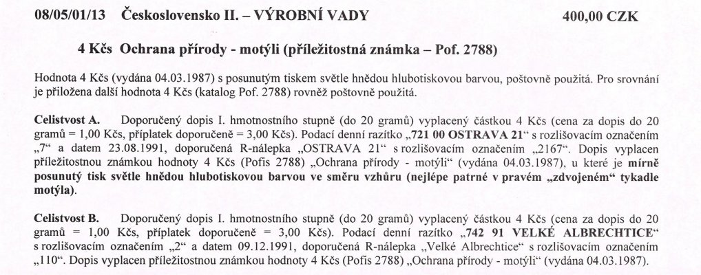 Celistvost – Doporučené dopisy vyplacené známkou hodnoty 4 Kčs (Pof. 2788 - Ochrana přírody - motýli ), razítko "721 00 OSTRAVA 21" a "742 91 VELKÉ ALBRECHTICE"  – viz popis na skenu