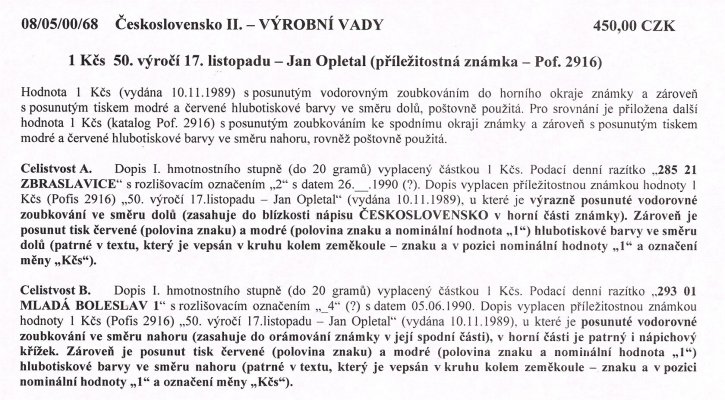 Celistvost – Doporučené dopisy vyplacené známkou hodnoty 1 Kčs (Pof. 2916 ), razítko "285 21 ZBRASLAVICE" a "293 01 MLADÁ BOLESLAV 1"  – viz popis na skenu