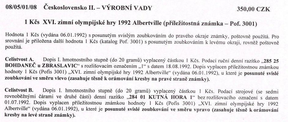 Celistvost – Doporučené dopisy vyplacené známkou hodnoty 1 Kčs (Pof. 3001 ), razítko "285 25 BOHDANEČ U ZBRASLAVIC" a "284 01 KUTNÁ HORA 1"  – viz popis na skenu