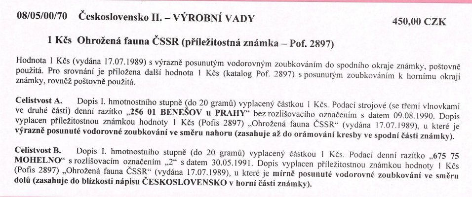 Celistvost – Doporučené dopisy vyplacené známkou hodnoty 1 Kčs (Pof. 2897 ), razítko "256 01 BENEŠOV U PRAHY" a "675 75 MOHELNO "  – viz popis na skenu