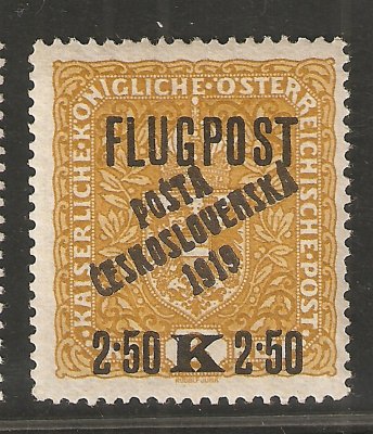 53  Flugpost 2,50 K žlutá II. typ, výr. vrásy v papíru, zk. Stupka 