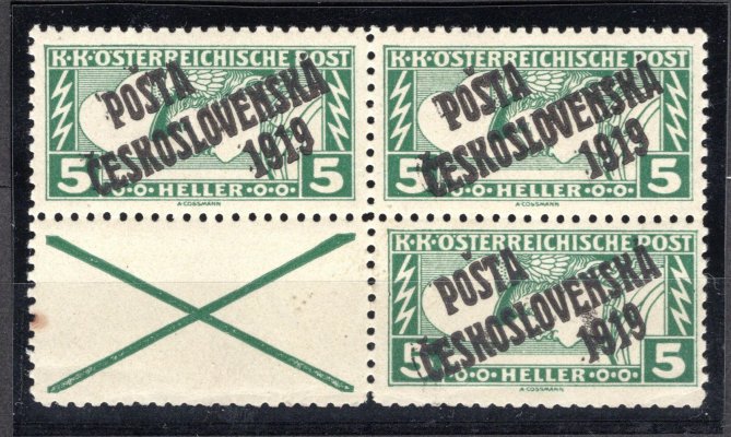 58 B KN čtyřblok s nepřetištěným kupónem, obdélník 5 h zelená,hnědá skvrnka vlevo dole, zk.Gi