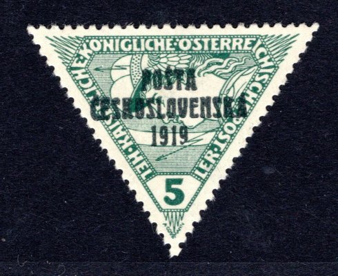 56  typ III,PČ 1919,  5 h zelená,  trojúhelník, zk. Möbs, atest Vrba, velmi hezká a svěží známka, krásný kus 