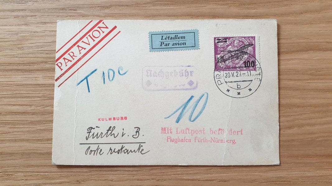 Letecká karta do Německa na Poste Restante s L5 zatížená doplatkem ; Příchozí razítko Nurnberg 