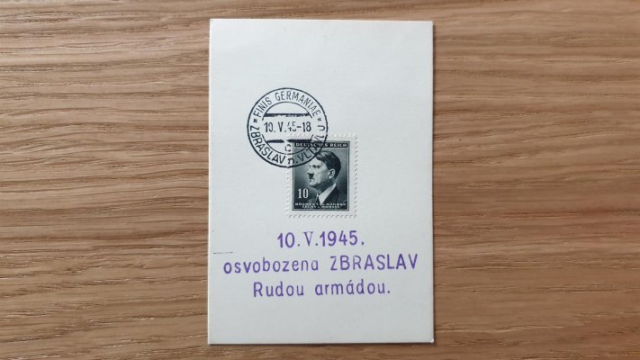 Zbraslav  oficiální kartička se známkou A.H. 10 h a razítkem Zbraslav "FINIS GERMANIE" , vzácné