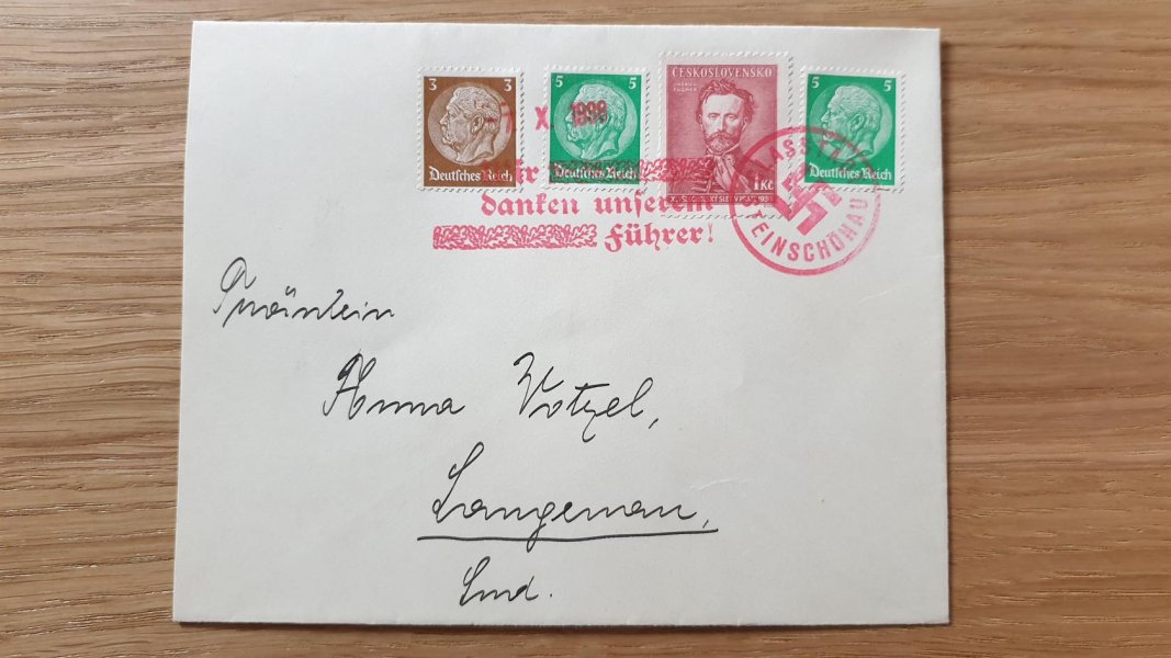 Sudety, obálka vypl. smíšenou Frankaturou DR/ČR I, razítko Steinschönau - Kamenný Šenov, datum 7/10/38,rámečkové razítko "Děkujeme našemu vůdci"