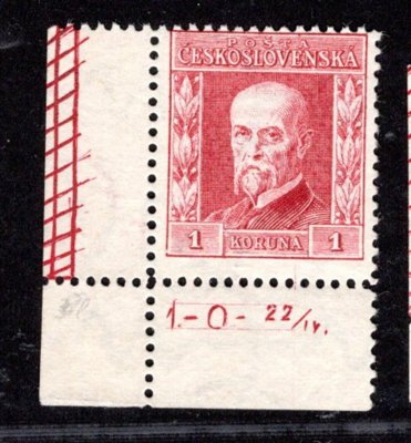 194, P 6, typ II, TGM, červená 1 Kč, rohová s DČ 1-O-22/IV., zkoušeno Vrba, bordura na okraji, hledané