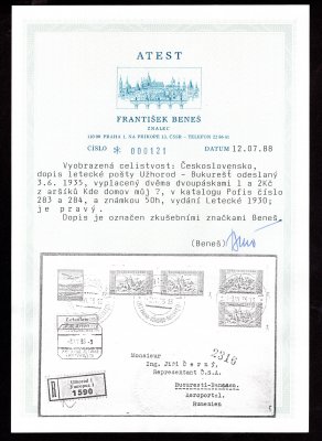 Letecký Dopis odeslaný 3.6.1935 vyplacený 2 x známky KDM + 50 h letecká, celkem 6,50 Kč. Uvnitř dopis - podací originální lístek. Mimořádná celistvost UŽHOROD - BUKUREŠŤ, exponátní kus! Zkoušeno Beneš + Atest Beneš