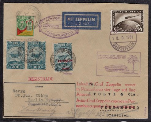 Sieger 129, DR + Brasilie, dopis. 1931,  2.  SA, smíšená frankatura, DR Mi. 424,  kašet  2. SA, + kašet brazilské  zepelinové pošty + palubní razítko, do Pernambuco, příchozí razítko, velmi vzácná celistvost 