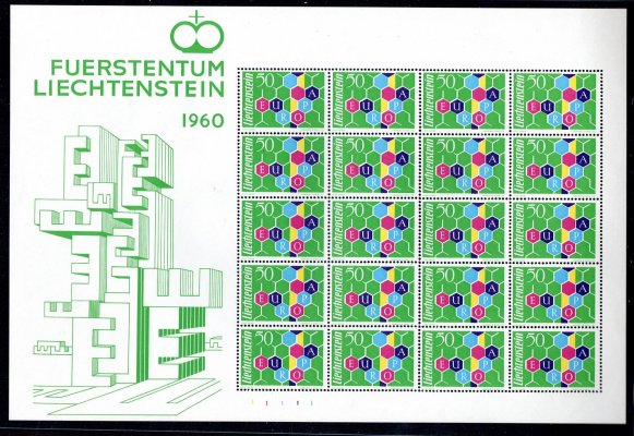 Lichtenštejnsko 1960, kompletní PL Mi.398 EUROPA 50Rp; luxusní 20-blok, kat. 1300 EUR , oblíbená známka 