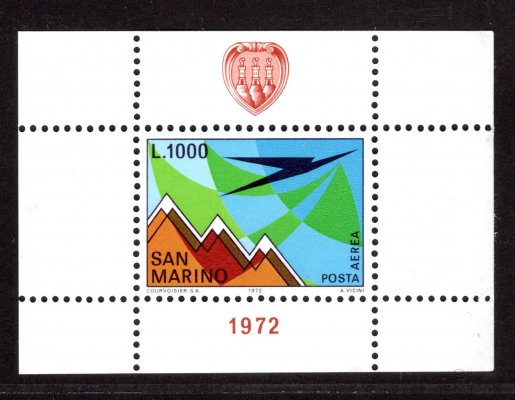 San Marino 1972 ** Sassone letecké č. 150 "foglietti", nevydaný aršík "Letadlo nad horami" 1000L, atest Raybaudi – "molto raro", celý náklad stažen, na trhu se tato známka nevyskytuje, unikátní nabídka ze specializovaného exponátu 