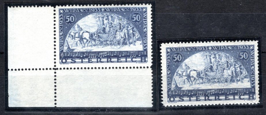 555 A + 556 A, 50 g +50 g WIPA 1933, 2 kusy, levá dolní rohová známka na obyčejném papíru a dtto na žilkovaném papíru, Michel 1070 EUR