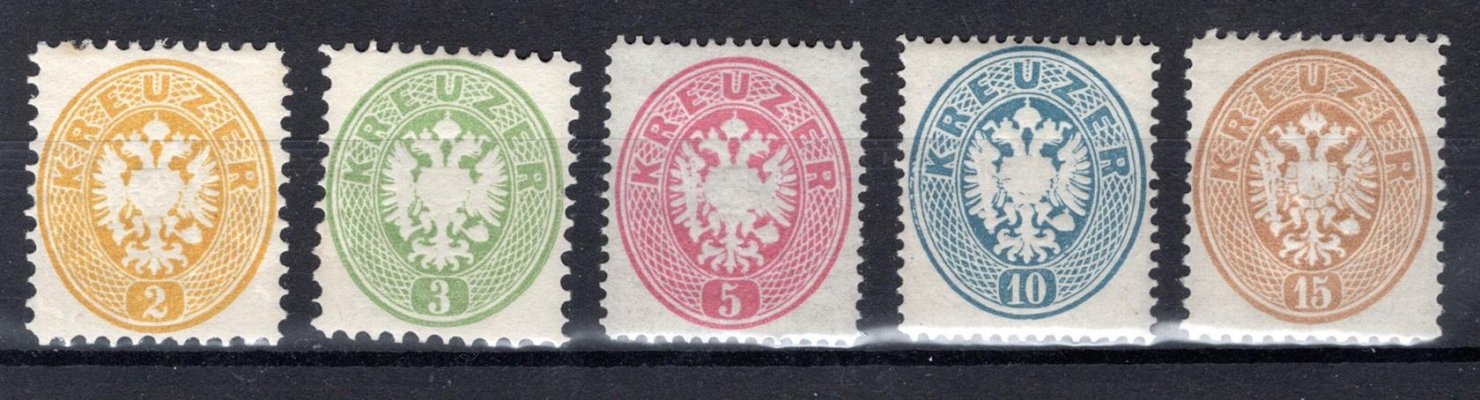 30ND - 34ND, 2 Kr-15 Kr, vydání 1863-1864, kompletní serie novotisků, známky 2 Kr a 3 Kr se zoubkováním 10 1/2 (ND 1887), 5 Kr a 10 Kr zoubkování 13 1/2 (ND 1894) a 15 Kr 11 1/2 (ND 1894), kat. cena  160 EUR