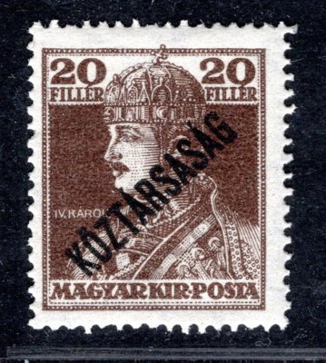 120 (bez přetisku) 20 filler Karel  Madarské Michel 215  - předběžná známka a s přetiskem Koztársaság  pro Pč 1919  a revoluční ( Pofis 120 )