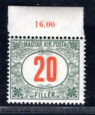 138  Pofis bez přetisku ; krajový kus s počítadlem   20  filler červené číslo Madarsko Michel P 43 ( pofis 138 )