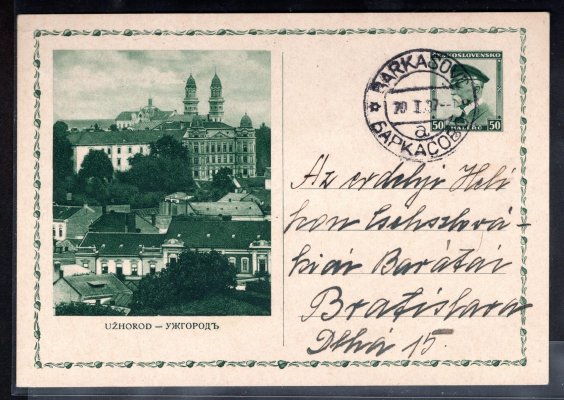 CDV 61/54, Obrazové - Užhorod, prošlá dopisnice s razítkem pošty na Podkarpatské Rusi Barkasovo 20/I/37, hledané