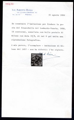 Mailänder Postfälschung;  Milánský padělek ke škodě pošty 15 c, vzácnější typ II, červená, raz. MILANO, 19 / 5 (1858), atest A. Diena, dobré okraje, ANK € 3.100,- + na porovnání standardní LV 3 M III se stejným razítkem 