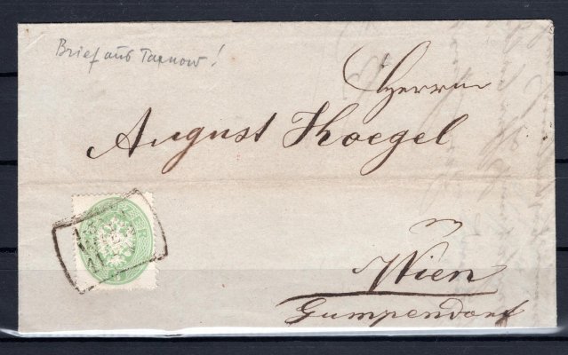 25; skládaný dopis v místě z r. 1864 se známkou 3 kr, BZ 14, raz. WIEN, v dataci uvnitř Tarnow, FB € 290,- +