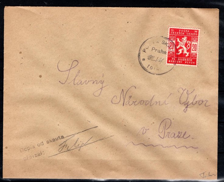 obálka se známkou SK 2, 20 h červenáí s kulatým razítkem pošta skautů 20/11/18 a razítkem NV, s podélným razítkem dopis od skauta