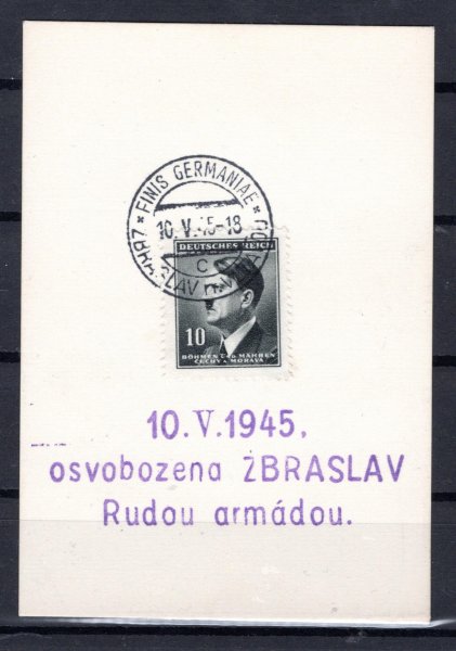 Oficiální kartička se známkou AH  a razítkem Finish Germanie / Zbraslav N Vltavou 10.5.1945 