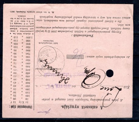 8 + Mi. 195 na části uherské pokázky 2 f - 20 h modrozelená + 15 f ženci, razítkoRózsahegy(RUžomberok)8/2/19, archivační otvor, pěkná smíšená frankatura, zk.Hirš