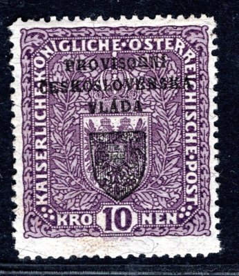 RV 19a, I. pražský přetisk, 10 K fialová - žilkovaný papír