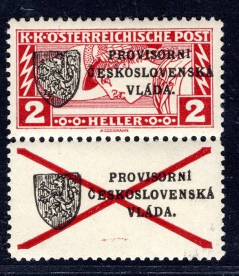 RV 20, I. pražský přetisk, obdélník 2 h červenohnědá s ondřejským křížem, zk. Gi, vzácné a hledané