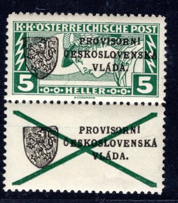 RV 21, I. pražský přetisk, obdélník 5 h zelená  s ondřejským křížem, zk. Gi, vzácné a hledané